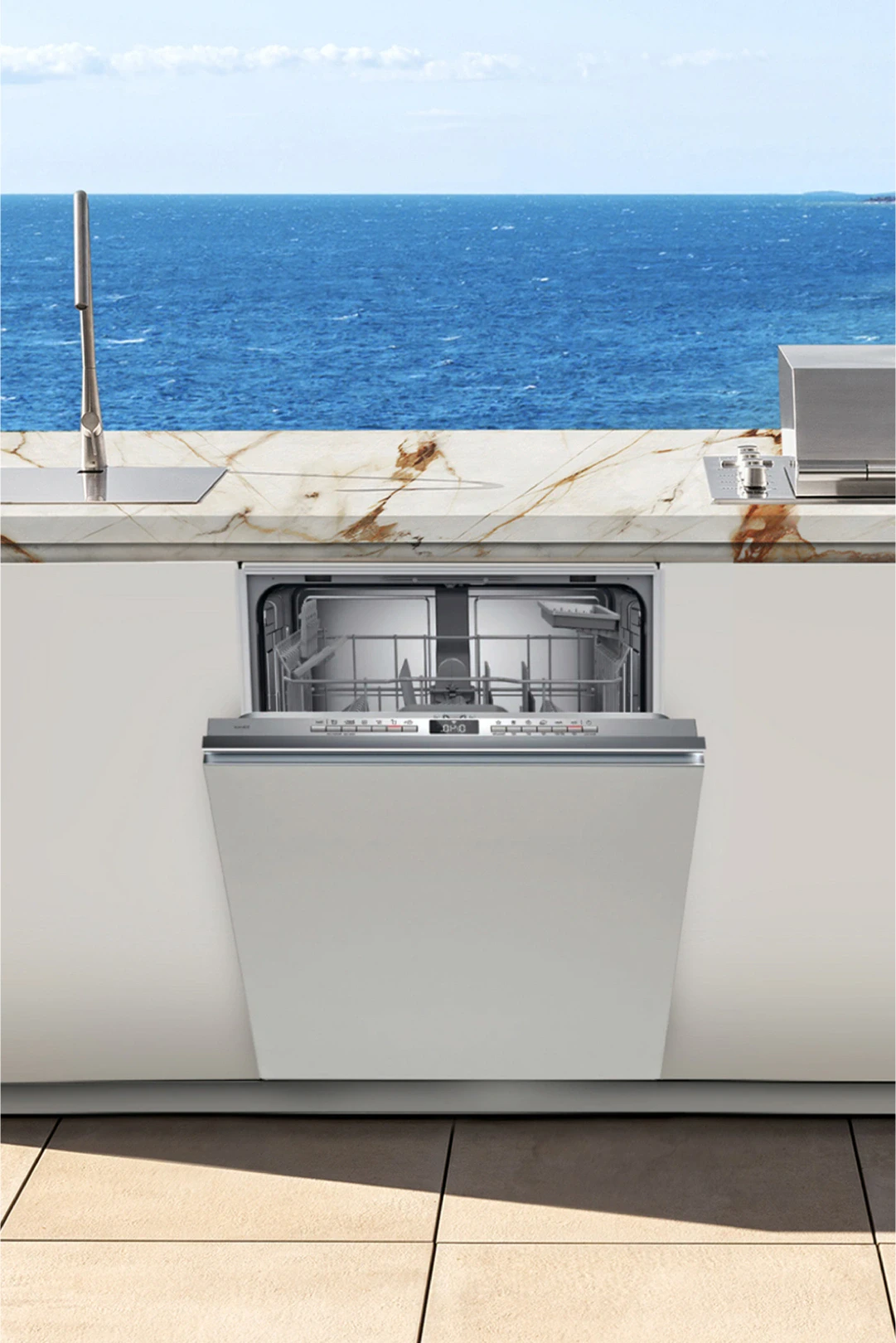 outdoor kitchen island with refrigerator