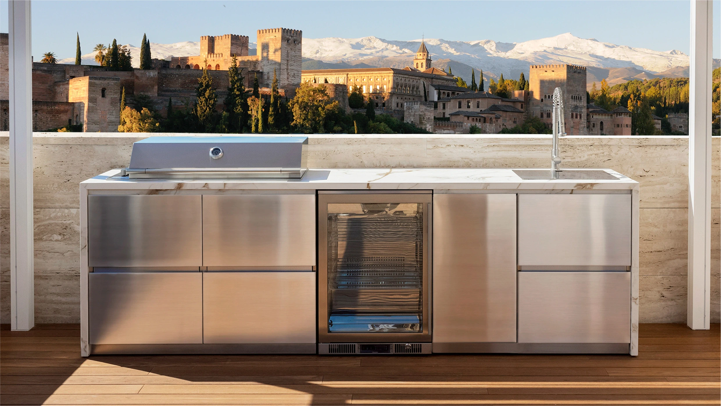 outdoor bbq kitchen with fridge