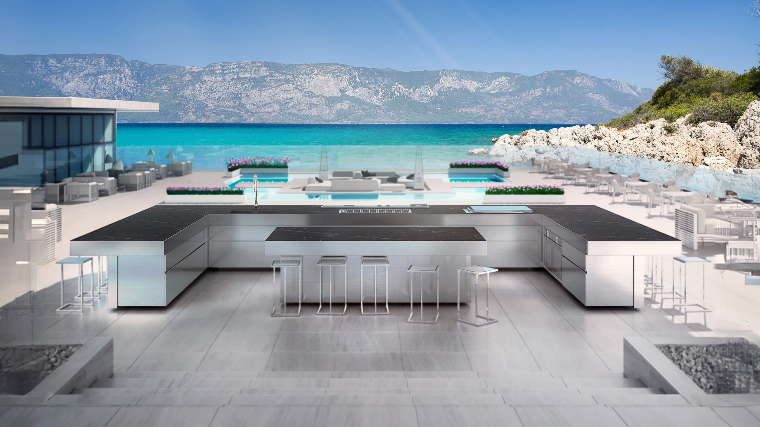 u shaped outdoor kitchen with bar