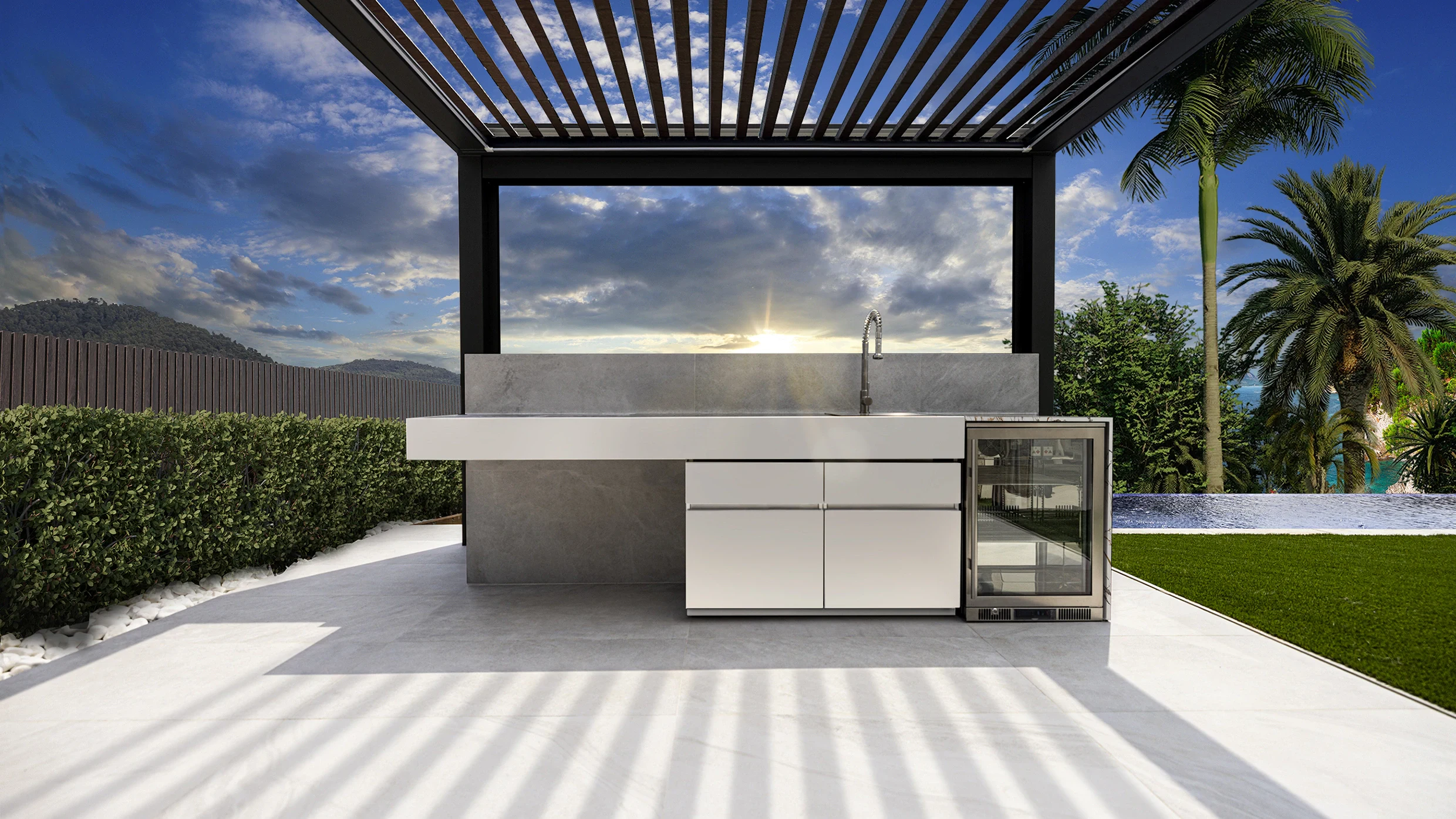 outdoor kitchen with charcoal grill