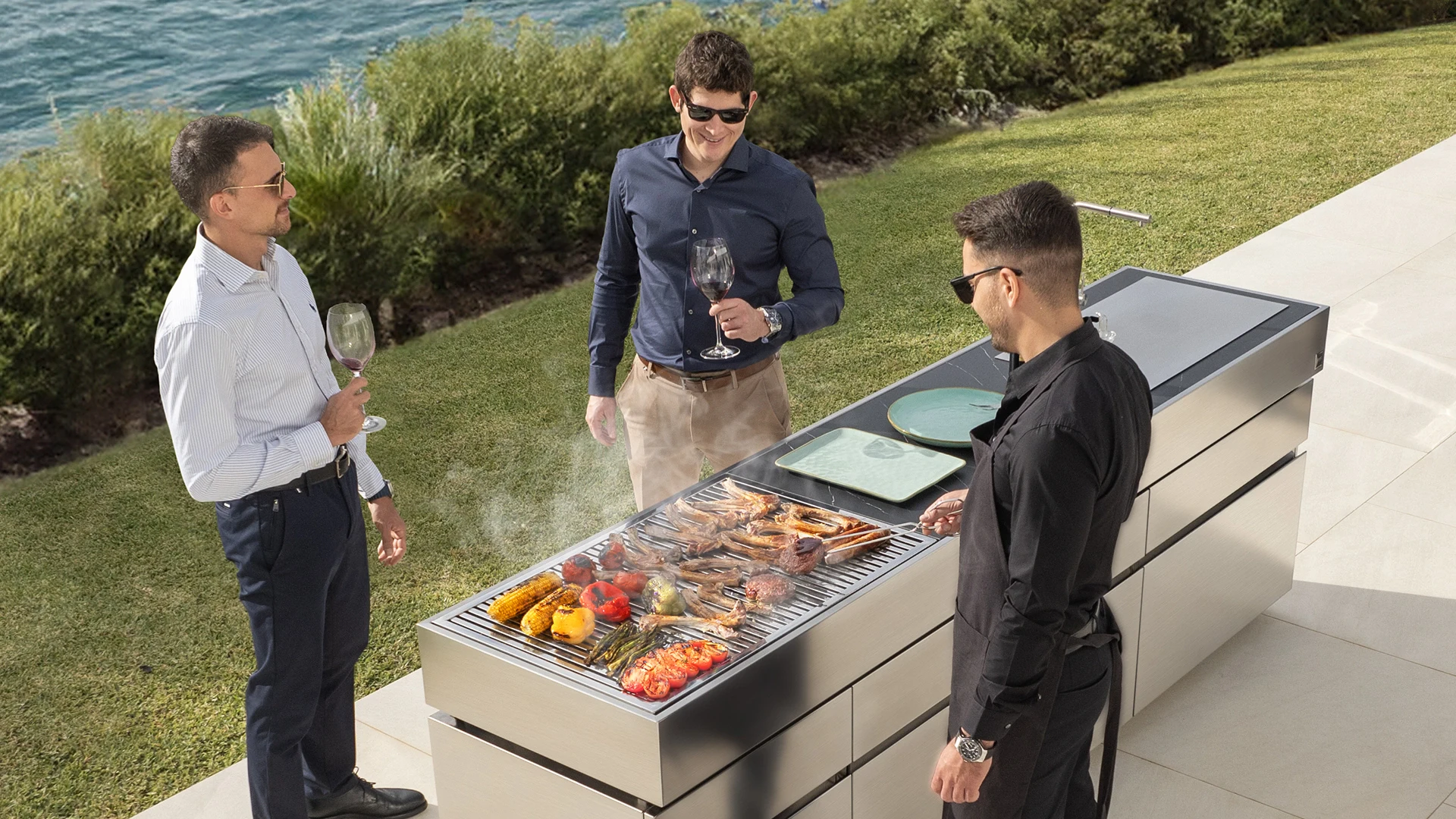 outdoor kitchen with charcoal grill