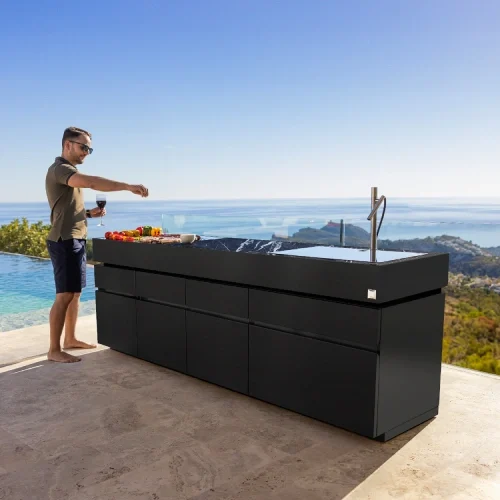 outdoor pool and kitchen charcoal bbq